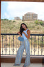 Baby blue embroidered linen pants